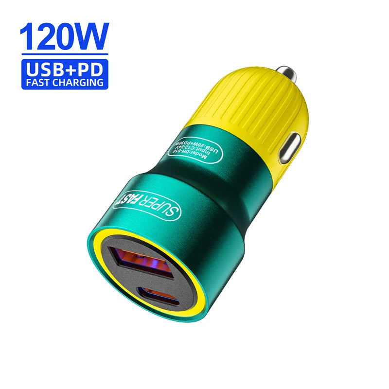 120W USB Type C Dual Ports Car Charger Lighter Quick Charge 4.0 3.0 For iPhone Xiaomi Samsung Fast Charging Phone Charger