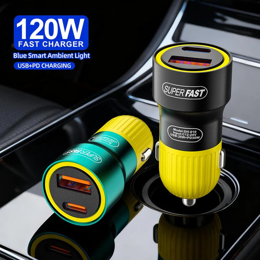 120W USB Type C Dual Ports Car Charger Lighter Quick Charge 4.0 3.0 For iPhone Xiaomi Samsung Fast Charging Phone Charger