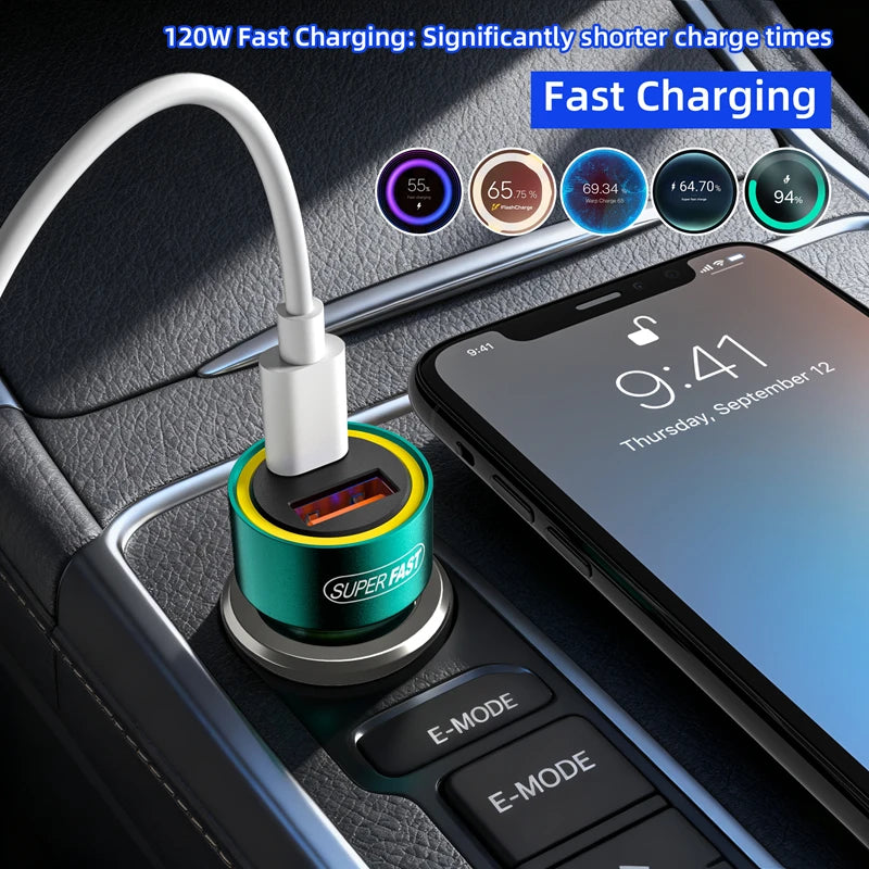 120W USB Type C Dual Ports Car Charger Lighter Quick Charge 4.0 3.0 For iPhone Xiaomi Samsung Fast Charging Phone Charger
